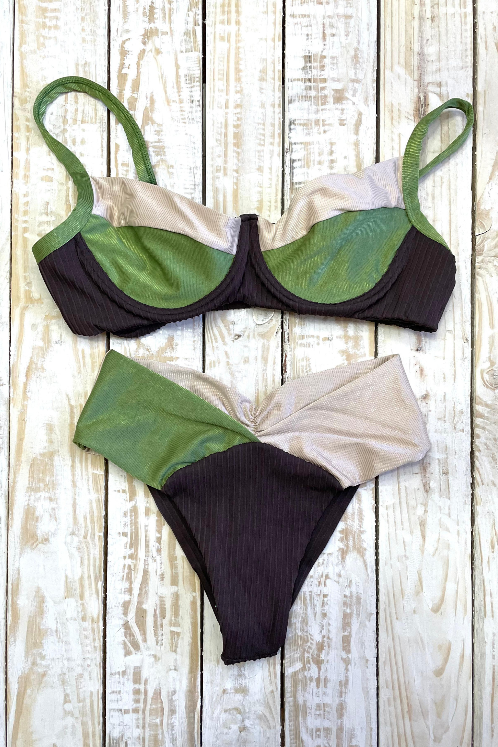 Bikini Meia-Taça Plus Size OliveOff-White Brown Textured