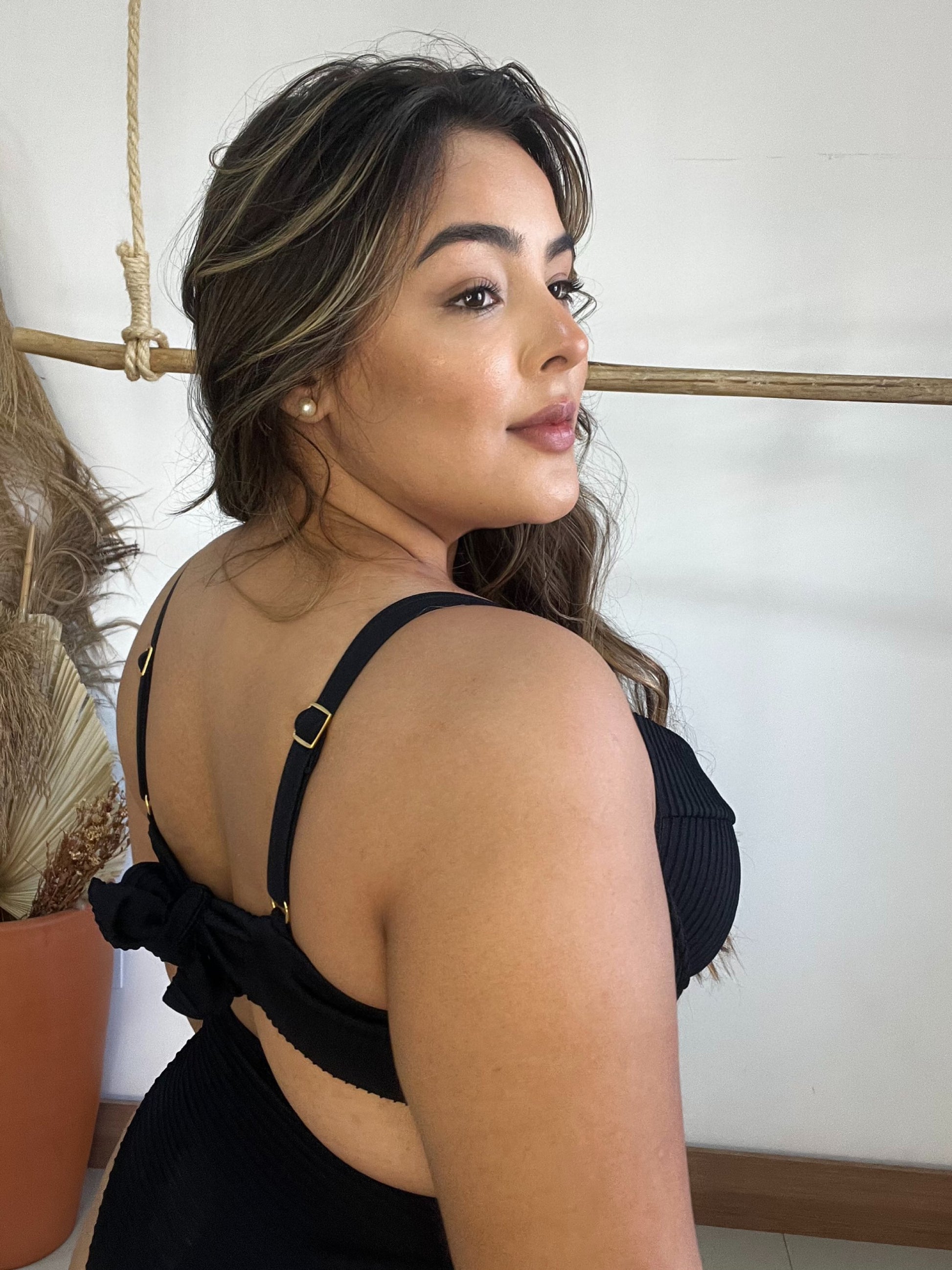 Top Bikini Plus Size Meia-Taça Black Textured