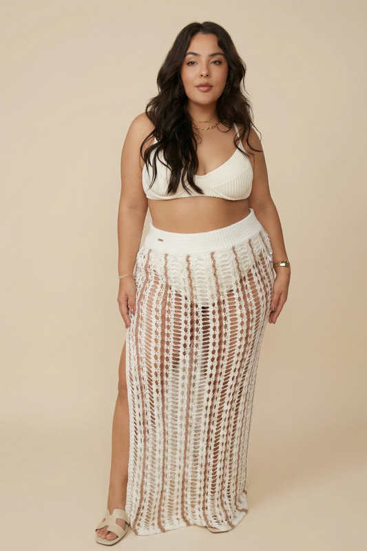 Skirt Tricô Long Plus Size Off-WhiteBrown