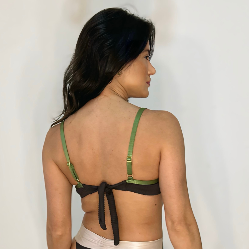 Top Bikini Meia-Taça OliveOff-White Brown Textured
